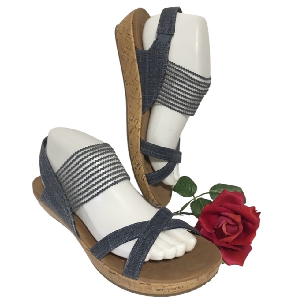 Skechers Beverlee High Tea wedge sandals Blue Denim Cali Col faux cork heel Sz 8